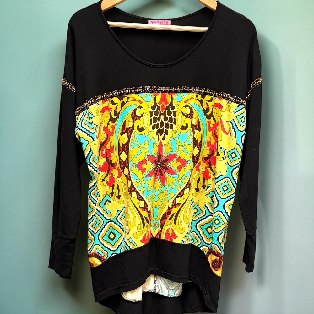 Joyous & Free Womens Small Black Beaded Paisley Print High Low Tunic Top